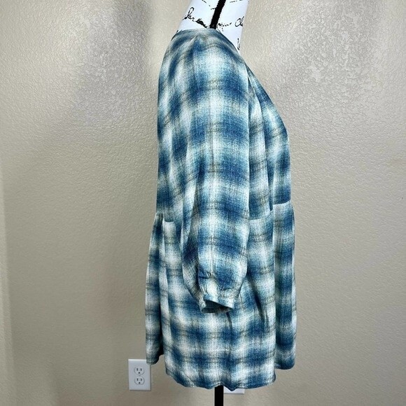 Anthropologie Maeve Blue Cavalon Plaid Peplum Boho Peasant Top Size S - Picture 9 of 15